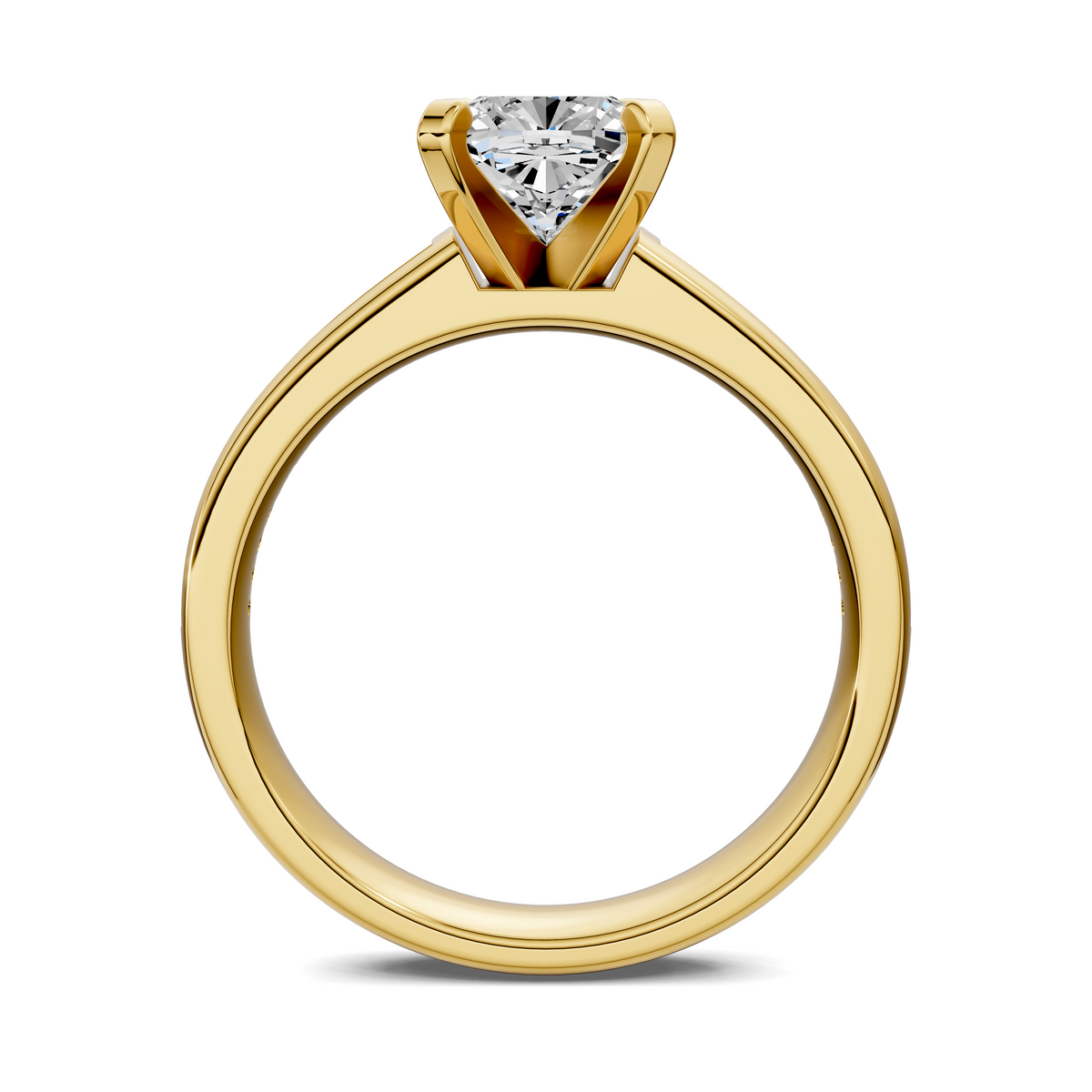 Diamond solitaire ring with baguette channel band, yellow gold, top view