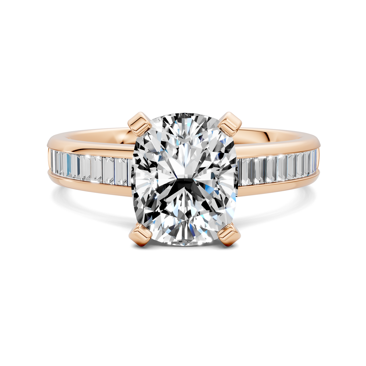 Prong-set diamond engagement ring with baguette channel side stones, rose gold