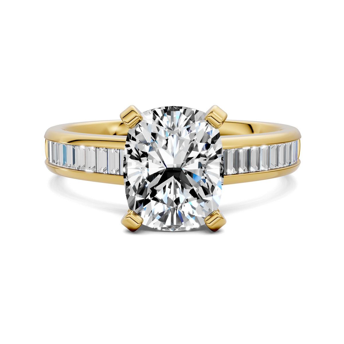 Prong-set diamond engagement ring with baguette channel side stones, yellow gold