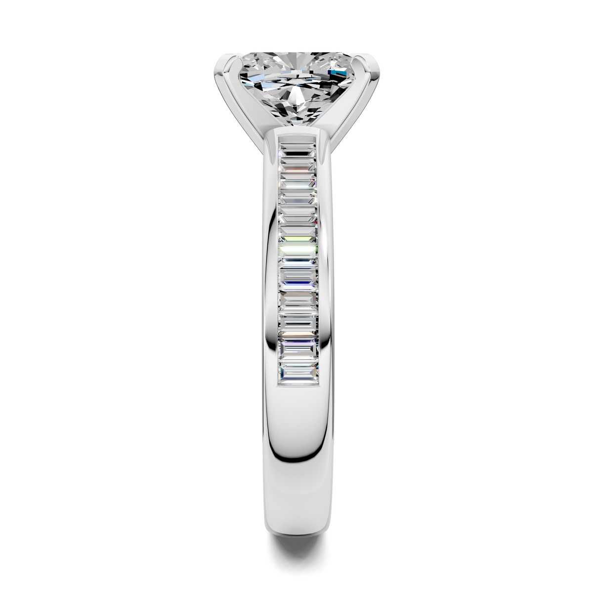 Vertical view of prong-set diamond ring with baguette channel band, white metal