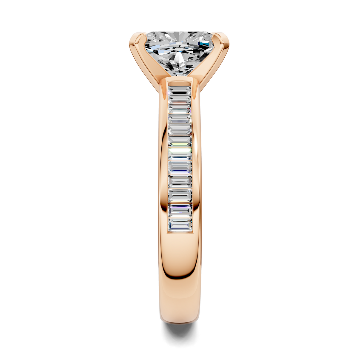 Rose gold ring with baguette channel-set side stones and marquise-cut center diamond