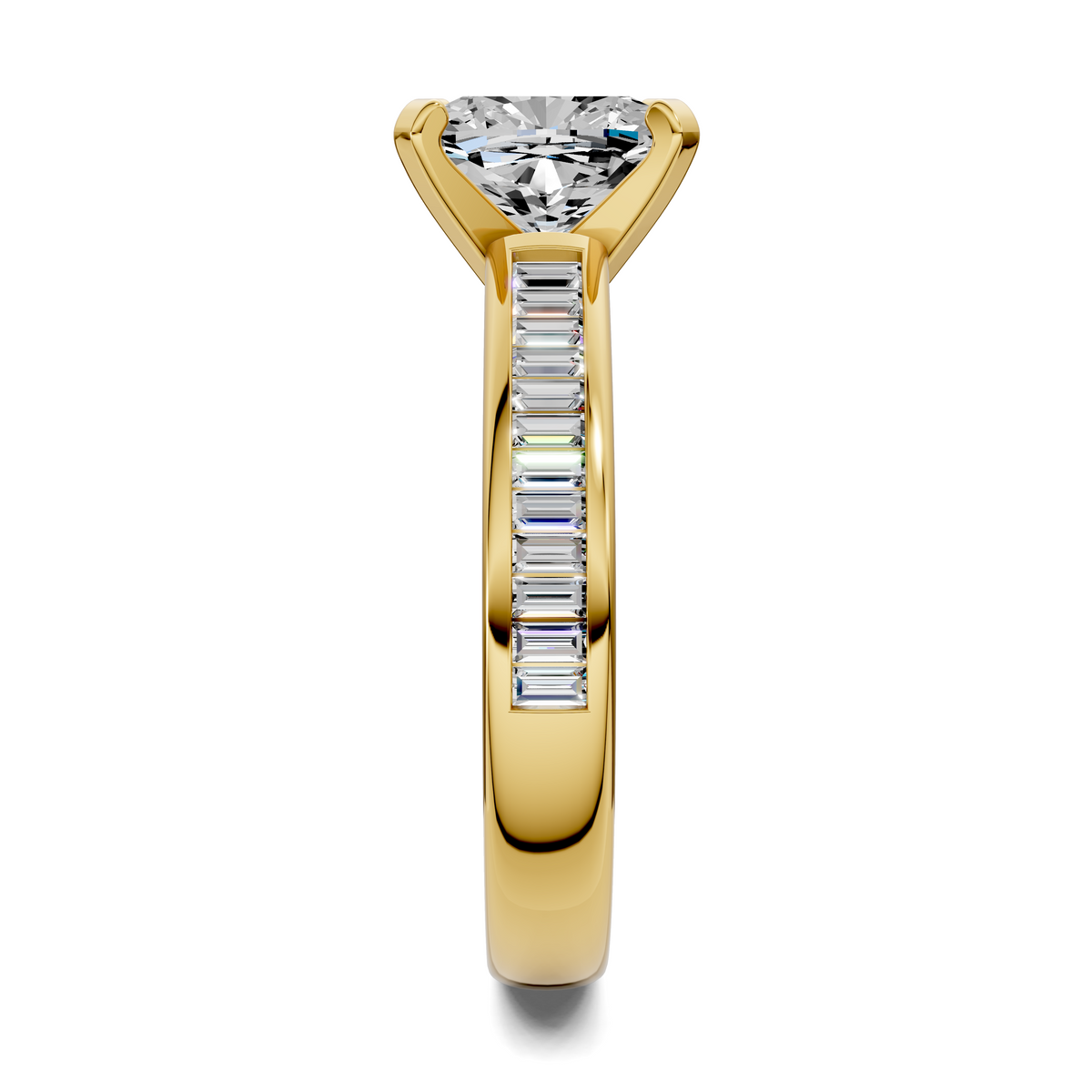 Vertical view of prong-set diamond ring with baguette channel band, yellow gold