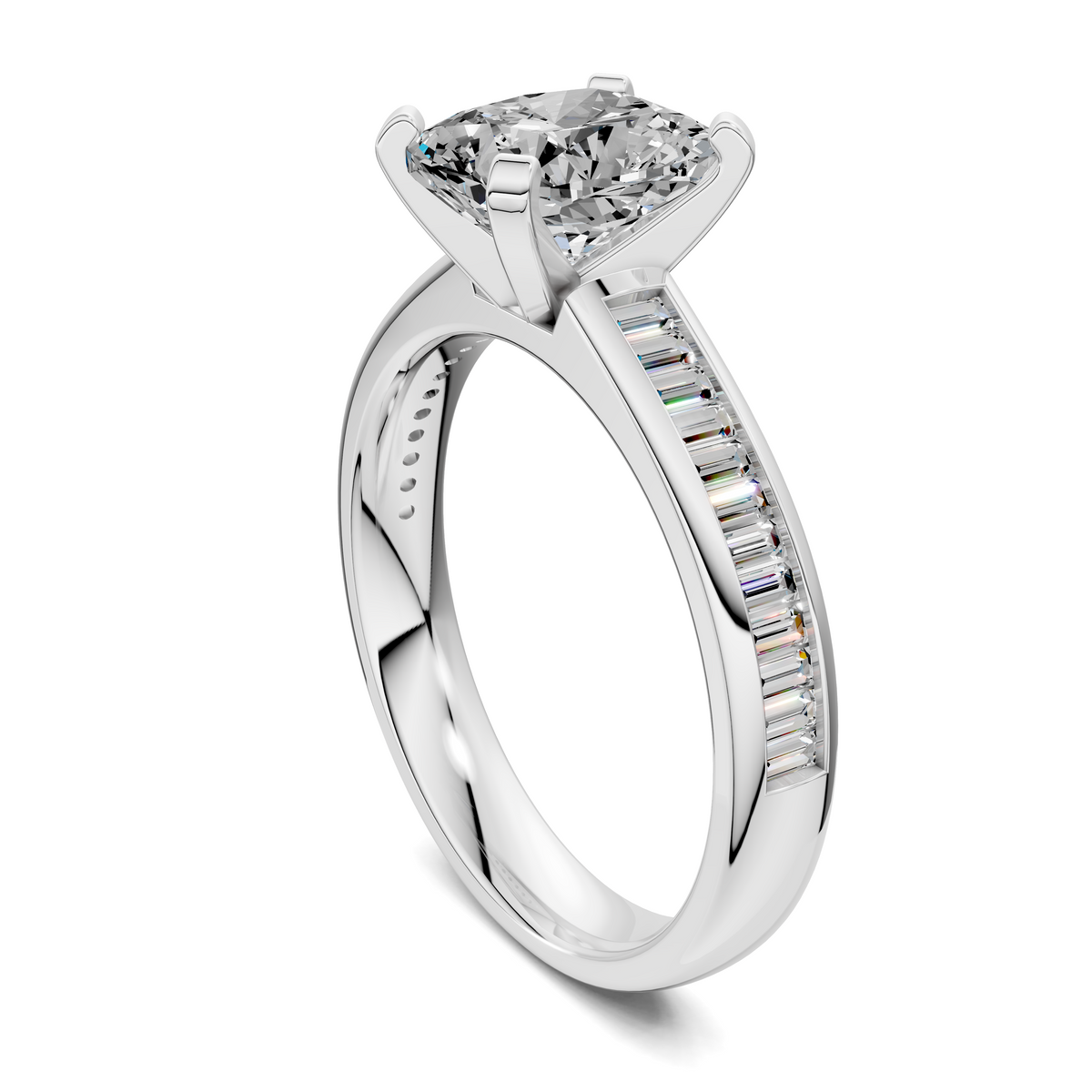 Side view of prong-set diamond ring with baguette channel stones, white metal