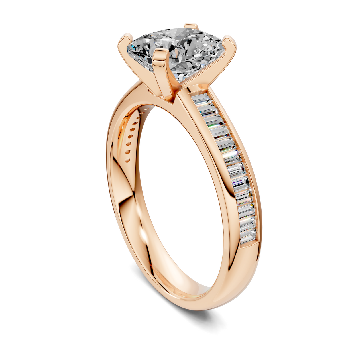 Side view of prong-set diamond ring with baguette channel stones, rose gold