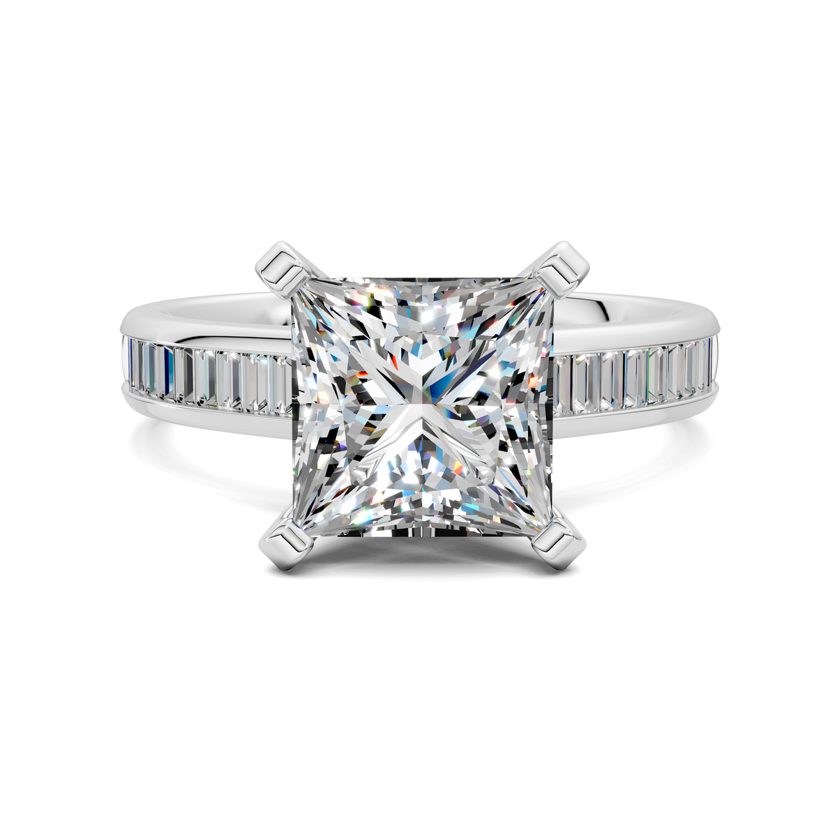 White gold ring with princess-cut center stone and baguette channel side stones
