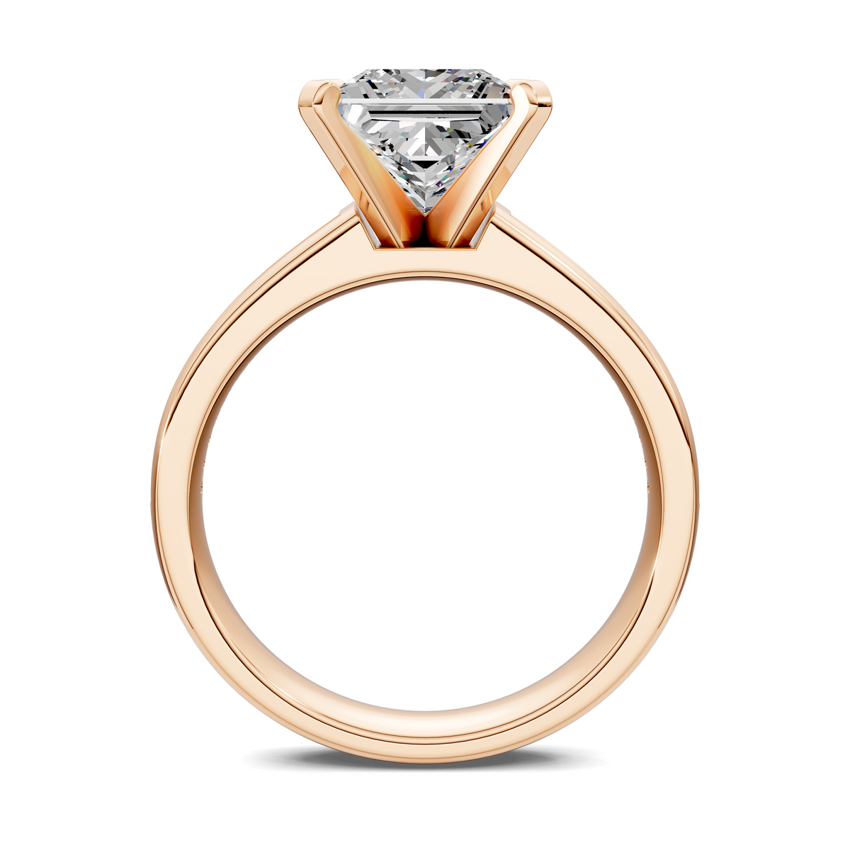 Rose gold baguette channel ring with triangular halo and clear baguette center stone