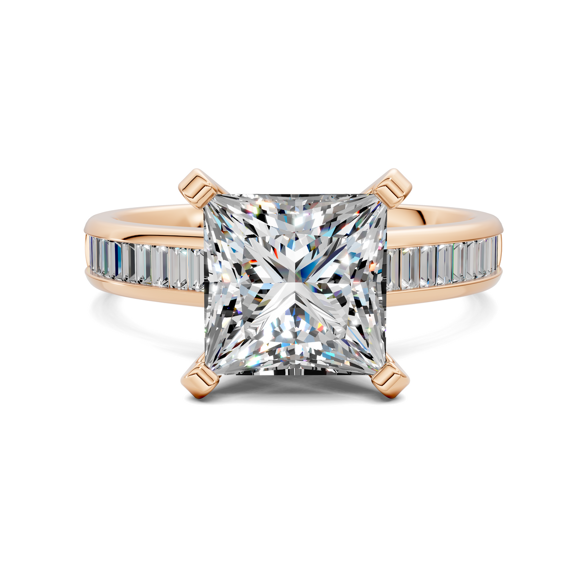 Yellow gold ring with princess-cut center stone and baguette channel side stones