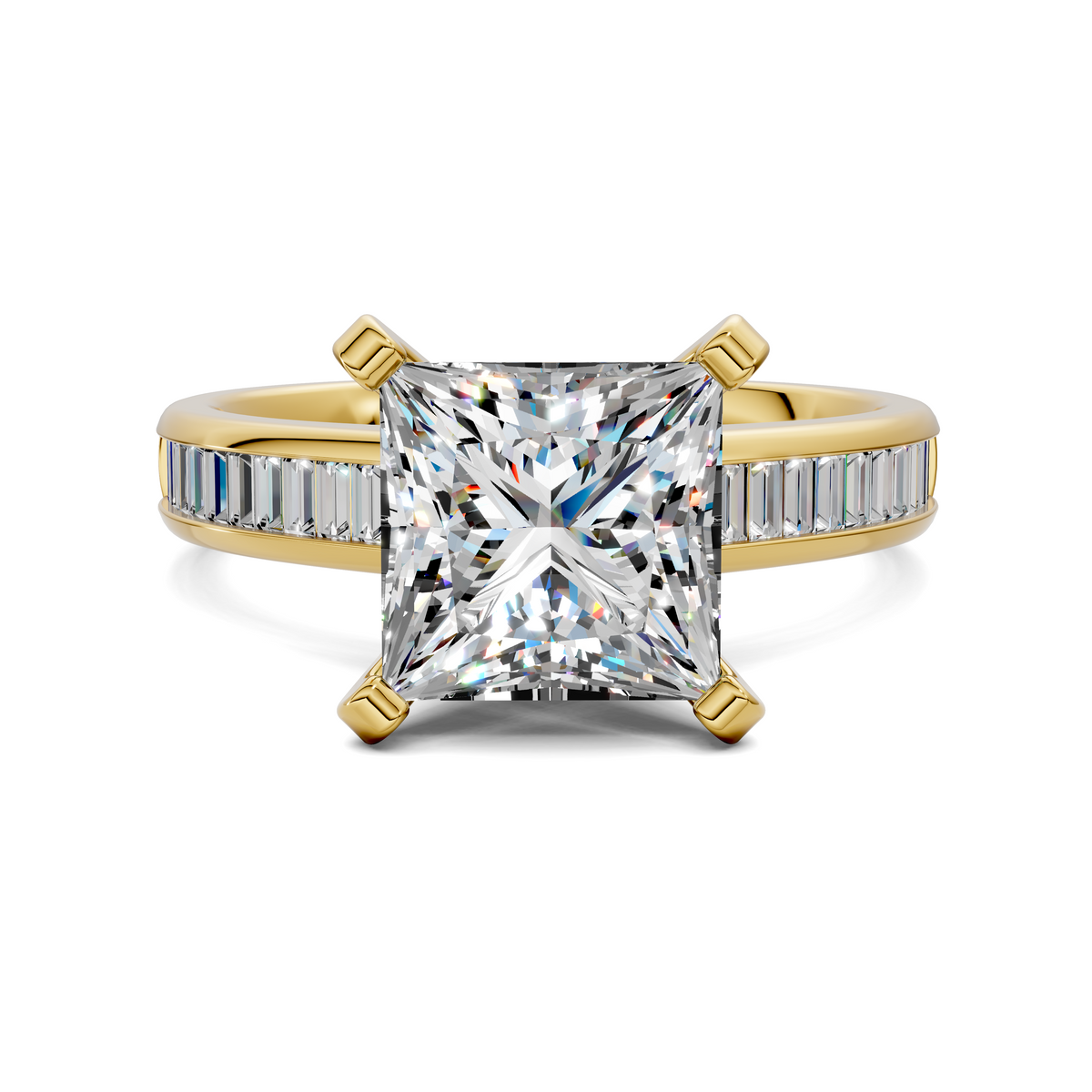 Yellow gold ring with princess-cut center stone and baguette channel side stones