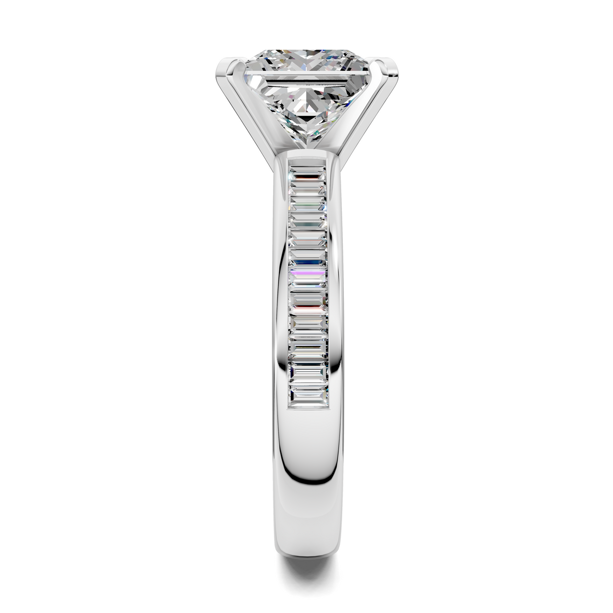 White gold ring with square center stone and baguette channel side detail