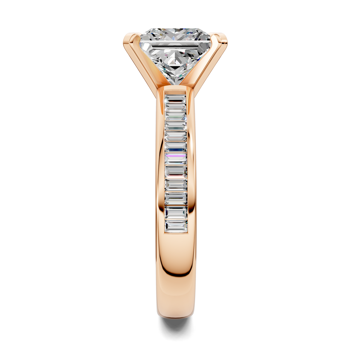 Rose gold channel band ring with aligned baguette stones and triangular top setting