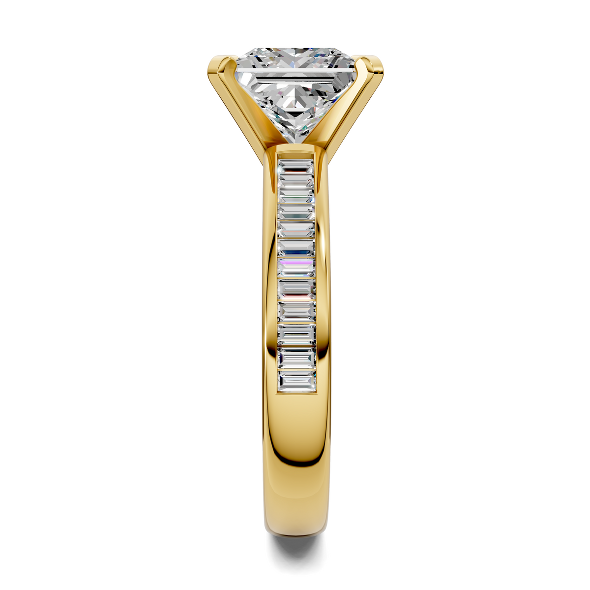 Yellow gold ring with square center stone and baguette channel side detail