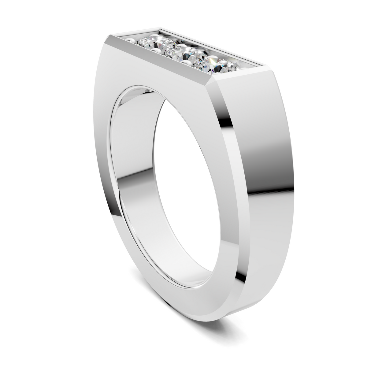 White gold three-stone ring side view with three round diamonds across the top
