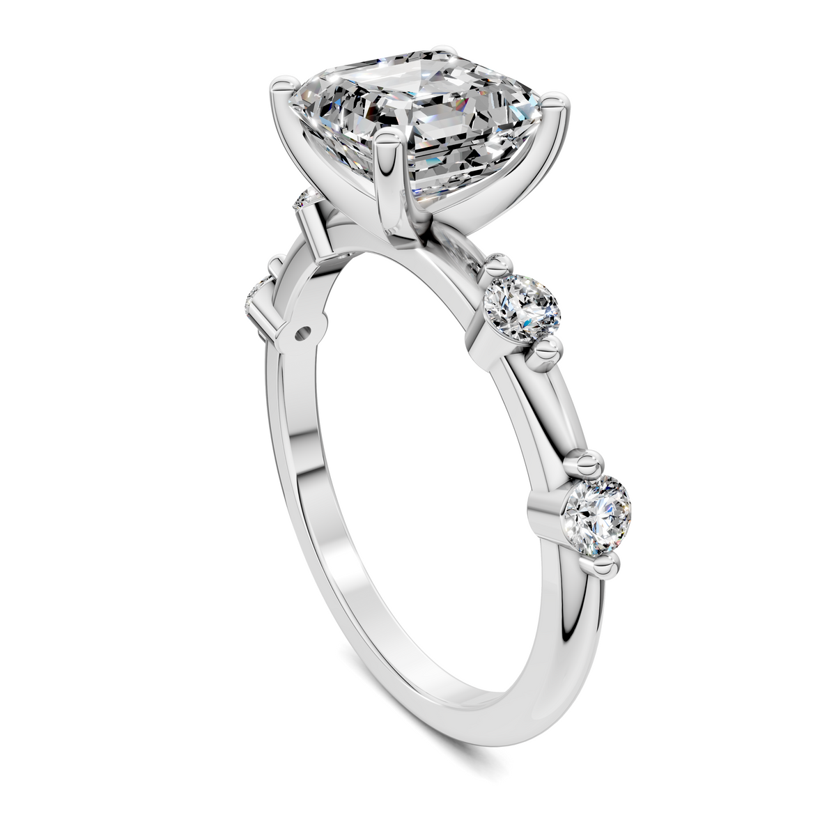 Round center accent ring, side view with square-cut center stone and three small diamonds, white gold