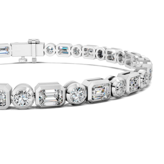 4.5 carat emerald and round lab grown diamond bezel tennis bracelet in gold by Opes & Co