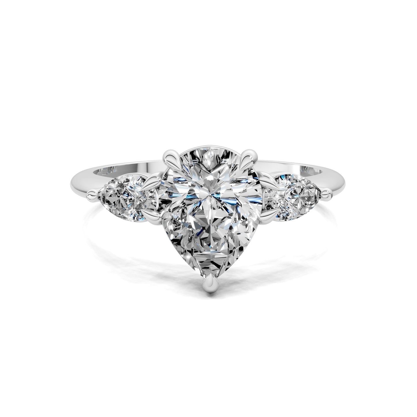 1.5 carat lab grown diamond engagement ring pear cut three stone setting in gold by Opes & Co
