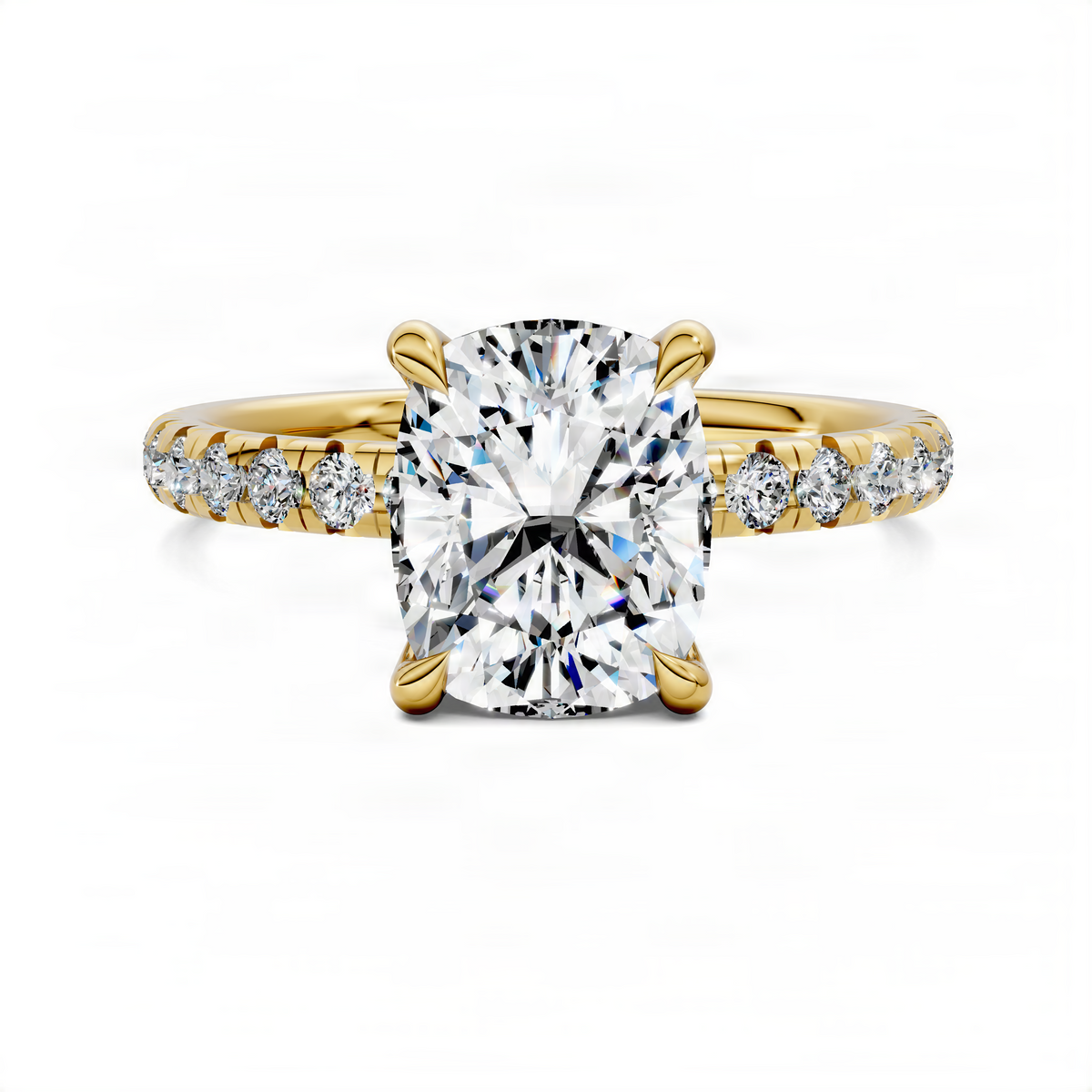 Yellow gold cushion pavé ring with large cushion-cut center stone