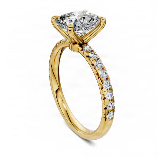 Cushion pavé ring in yellow gold with large round center stone