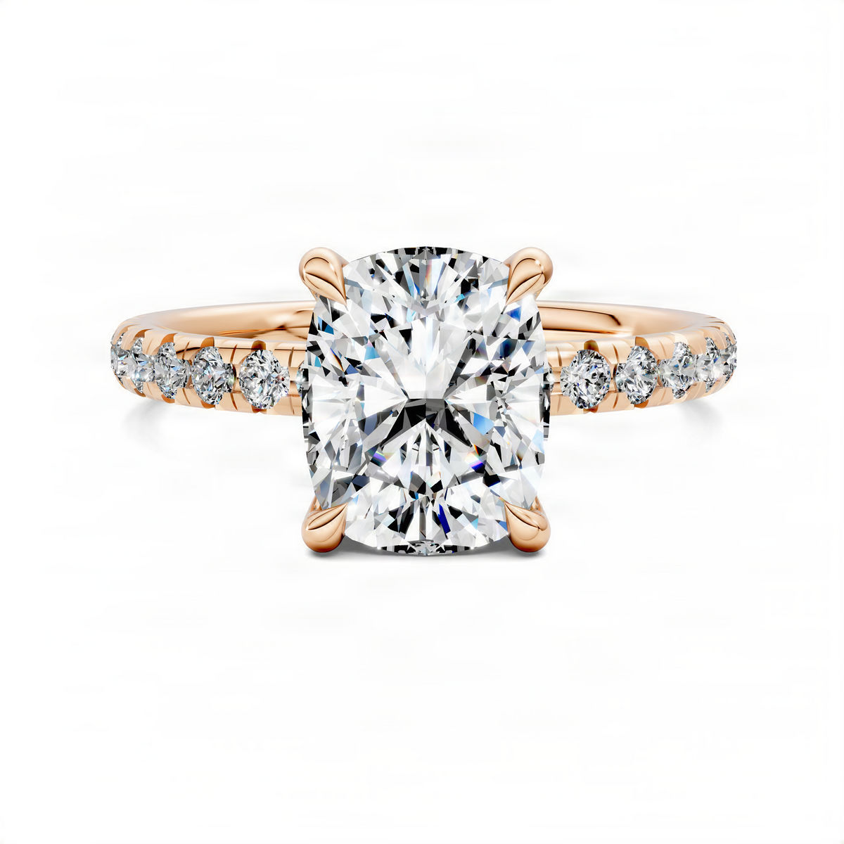 Cushion-cut pavé ring with rose gold band and large center stone