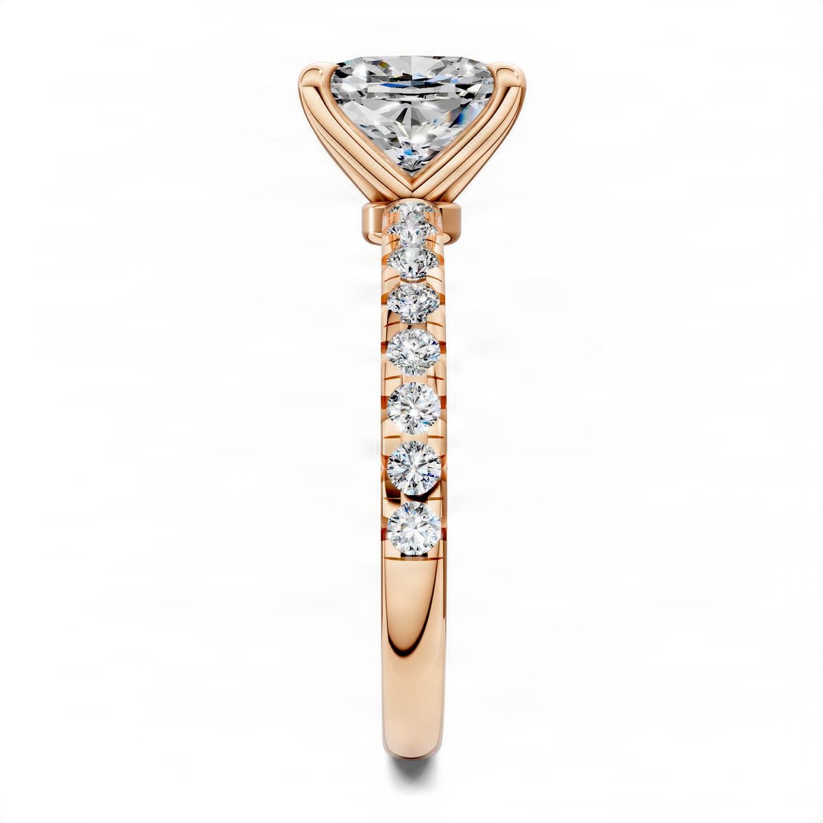 Scalloped pavé ring with cushion center stone in rose gold