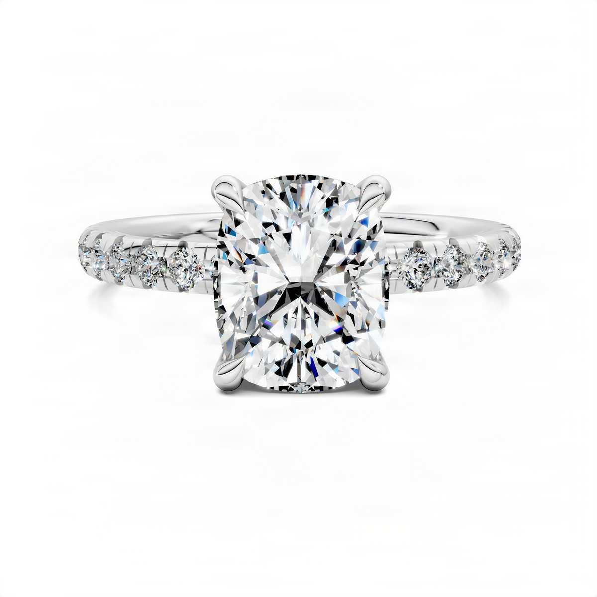 Cushion-cut pavé ring with scalloped band and four-prong setting