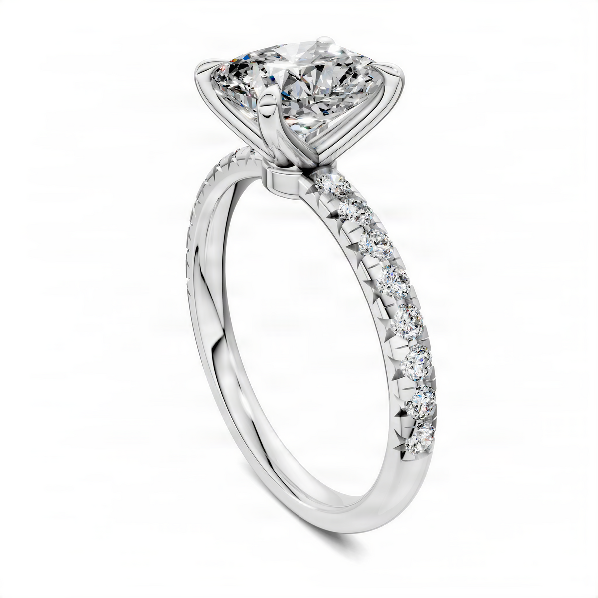 Platinum cushion-cut pavé ring with scalloped band