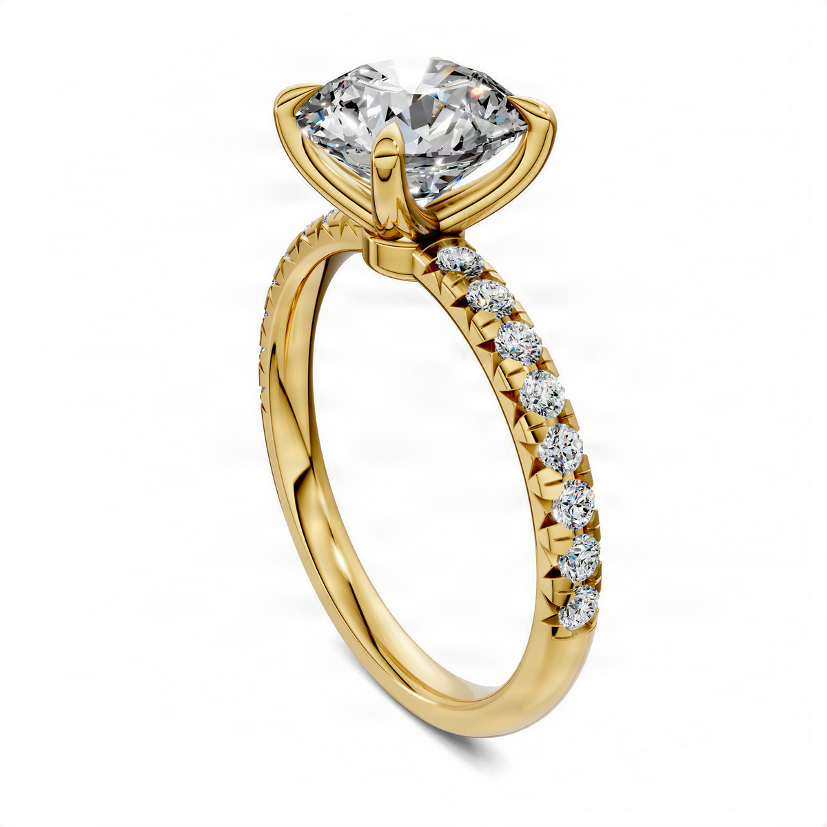 Opes round scalloped pavé ring in yellow gold with round center stone and pavé band