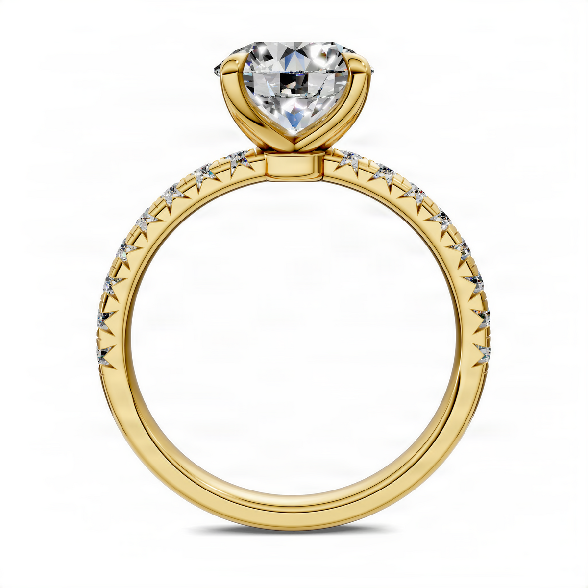Round scalloped pavé ring with clear round center stone in yellow gold