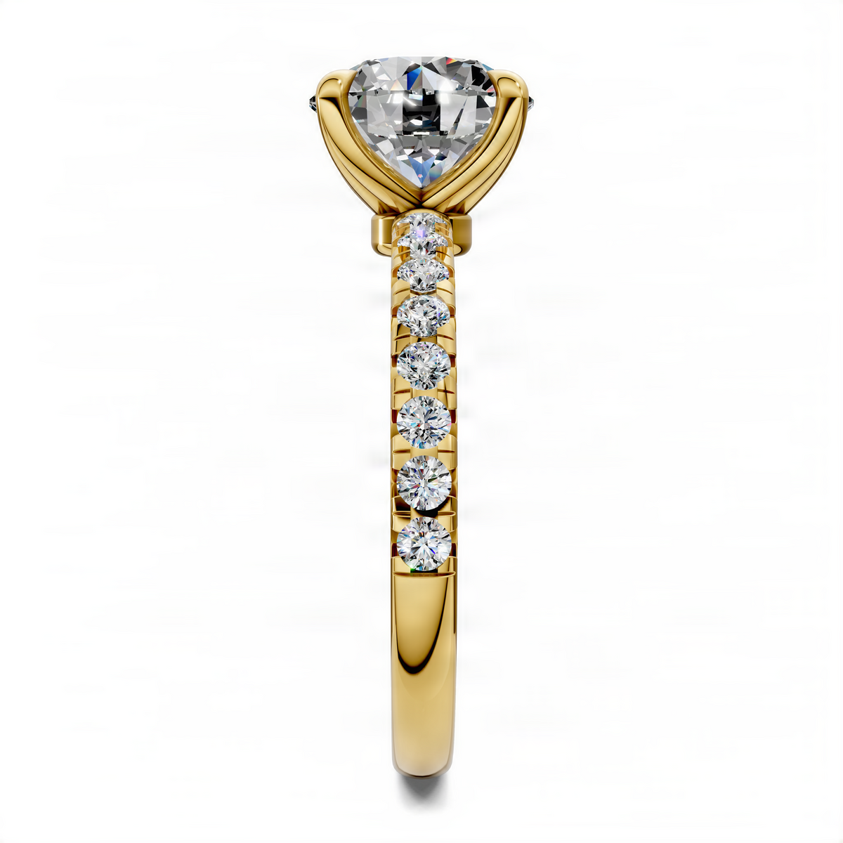Gold round scalloped pavé ring with clear center stone