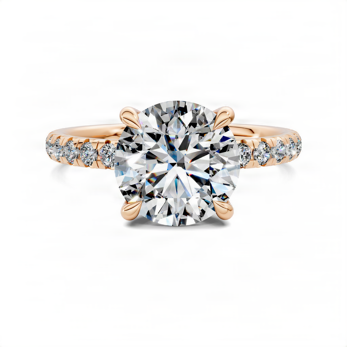 Round scalloped pavé ring with a large round center stone and rose gold band