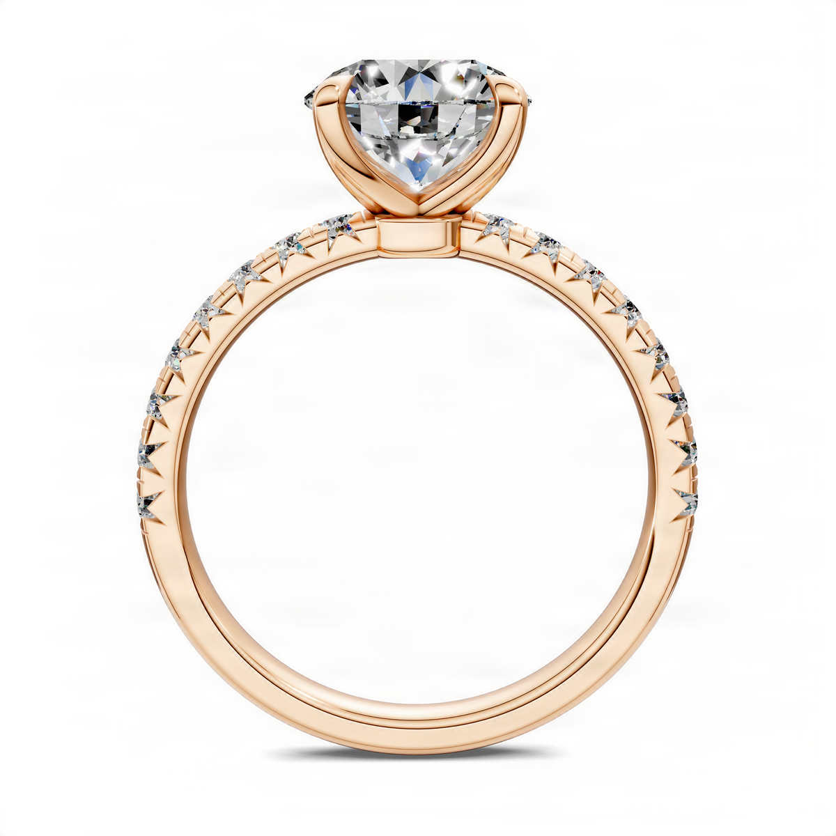Rose gold round pavé engagement ring with a round center stone
