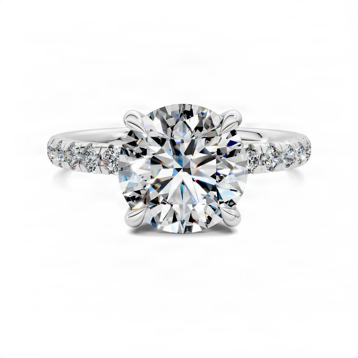 Round scalloped pavé ring with round brilliant center stone