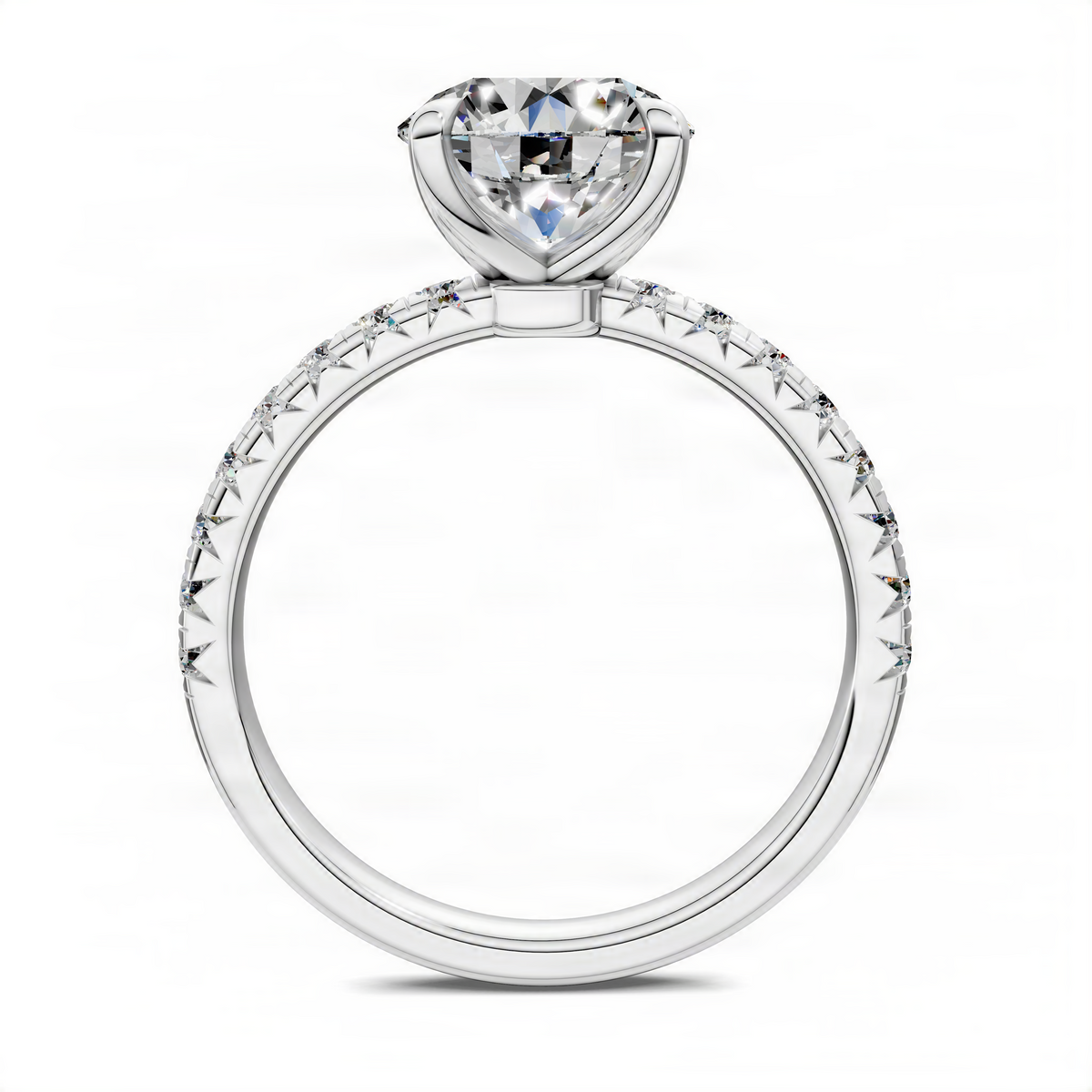 Round scalloped pavé ring in white metal with round center stone