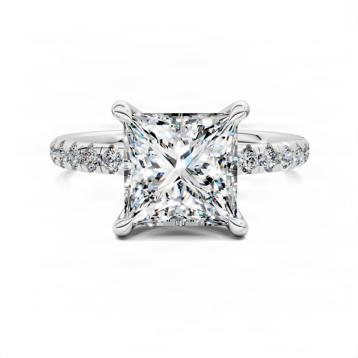Princess-cut pavé ring with square center stone in white metal