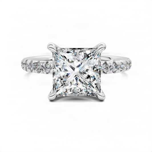 Princess-cut pavé ring with square center stone in white metal