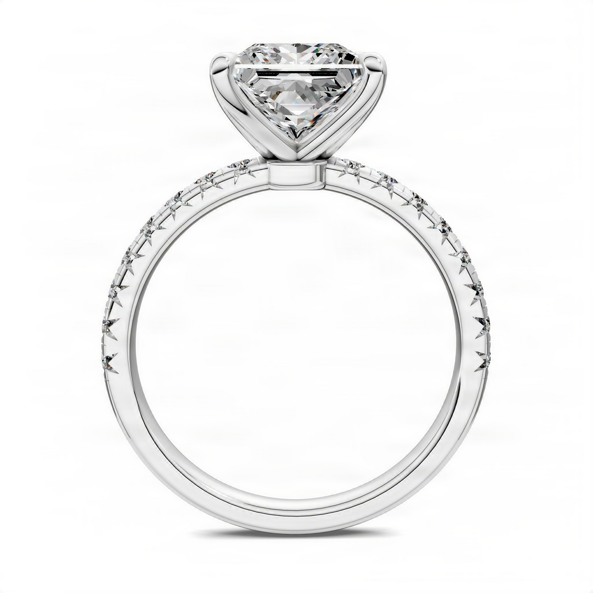 Princess-cut pavé engagement ring in white metal, side view