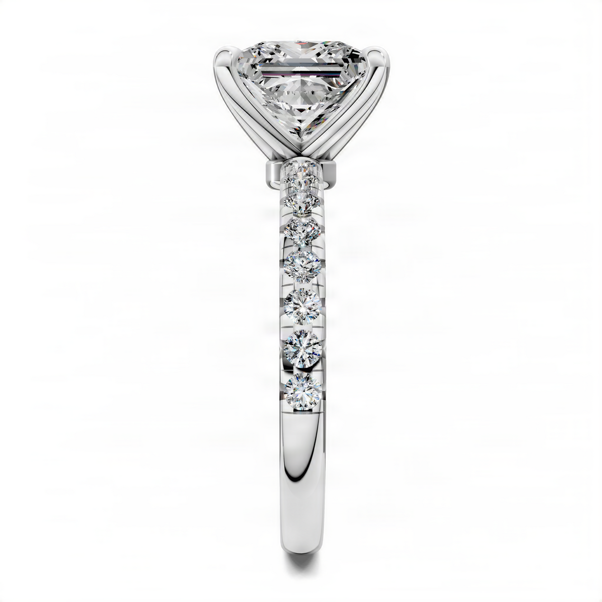 Princess-cut pavé ring with scalloped band and white metal setting