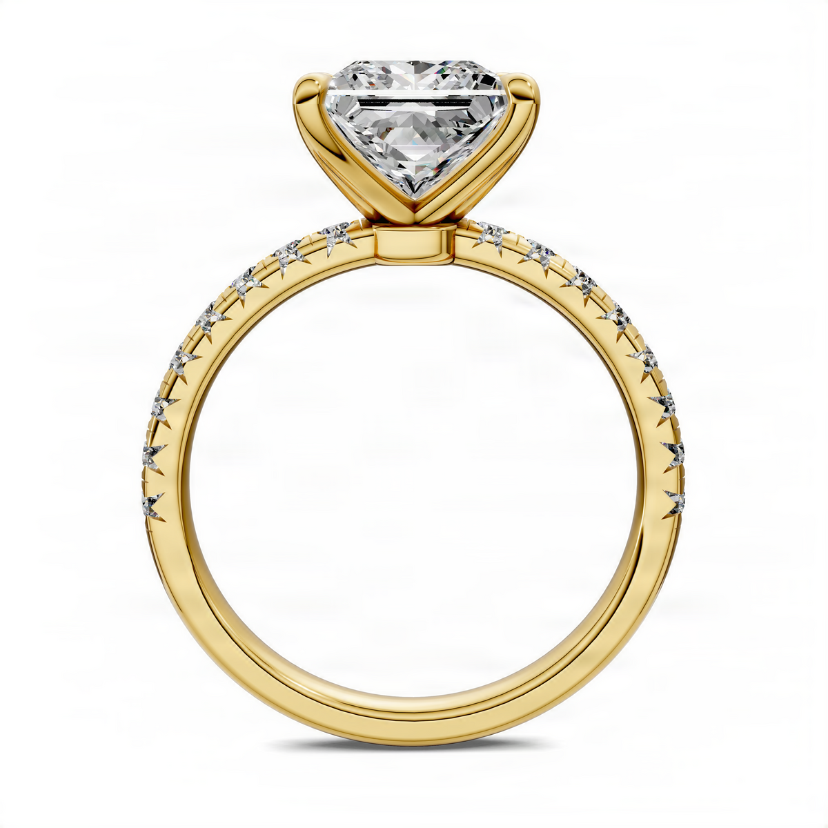 Princess-cut pavé ring in yellow gold with raised center stone