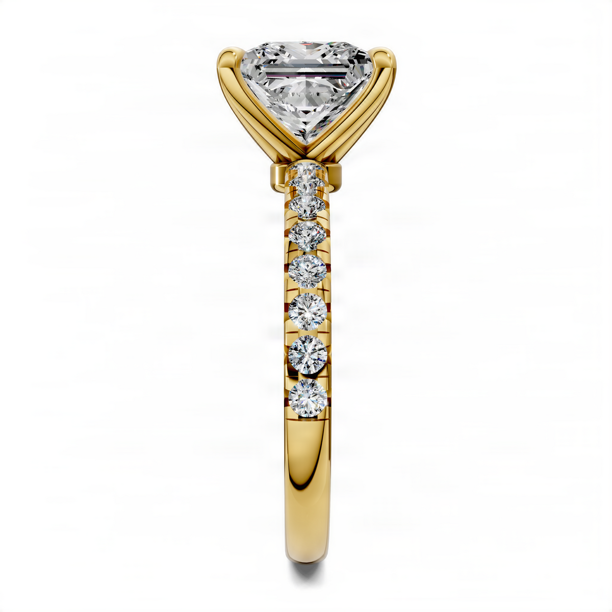 Scalloped pavé ring with princess-cut center stone in yellow gold
