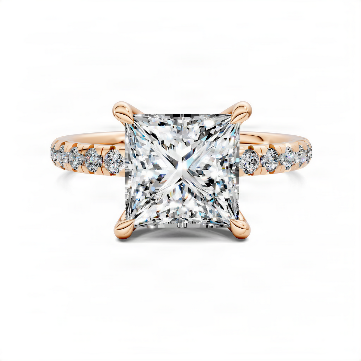 Princess-cut scalloped pavé ring with square diamond center in yellow gold