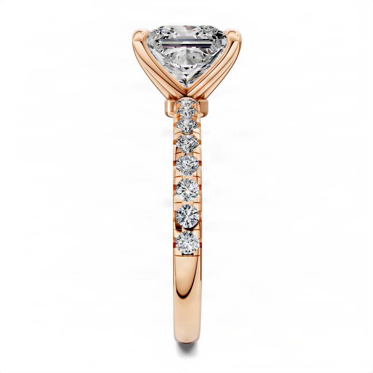 Rose gold princess-cut ring with scalloped pavé band and oval center stone