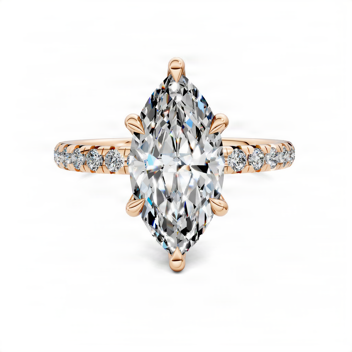 Rose gold marquise-cut diamond ring with pavé band