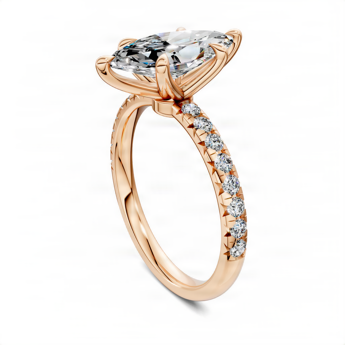 Marquise pavé ring in gold with scalloped band and raised center stone