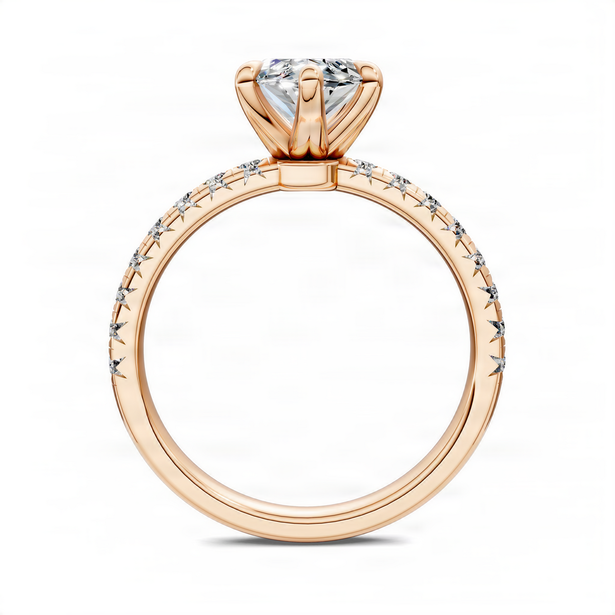 Rose gold scalloped pavé engagement ring with marquise-set center stone