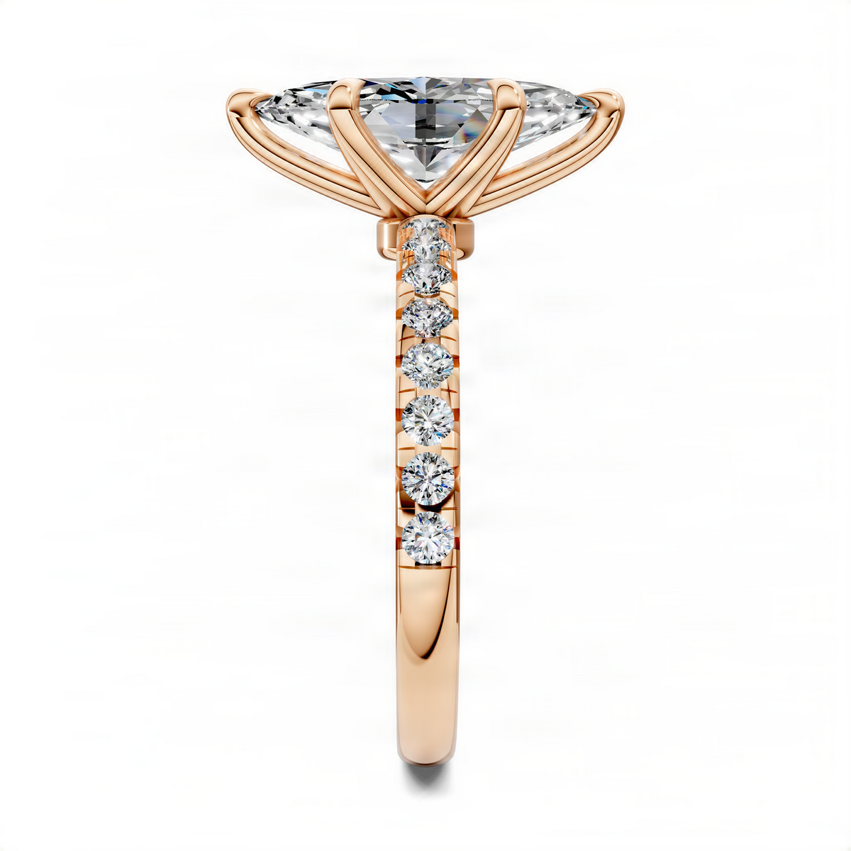 Marquise diamond ring in yellow gold with pavé diamond band