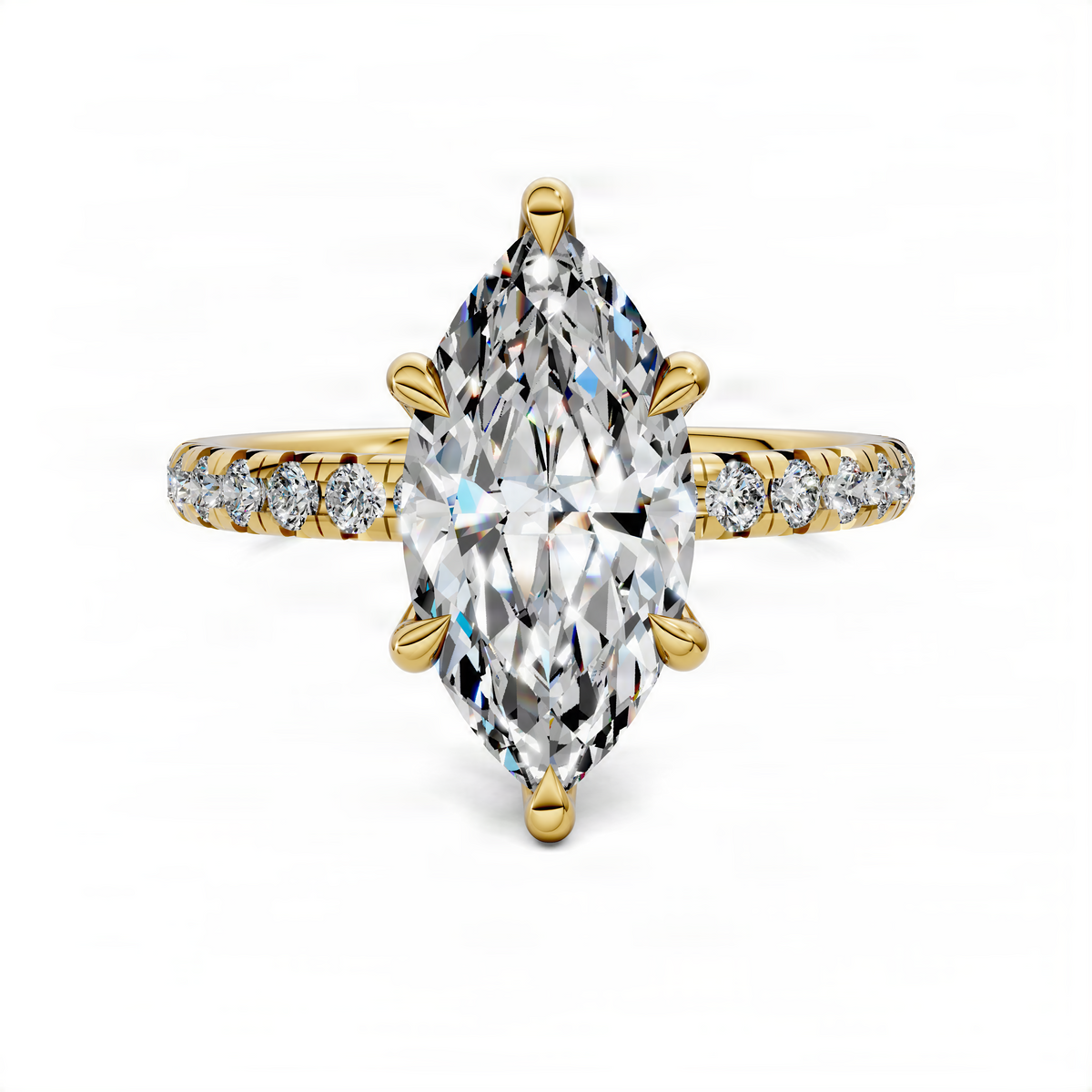 Marquise scalloped pavé ring in yellow gold with a large center stone