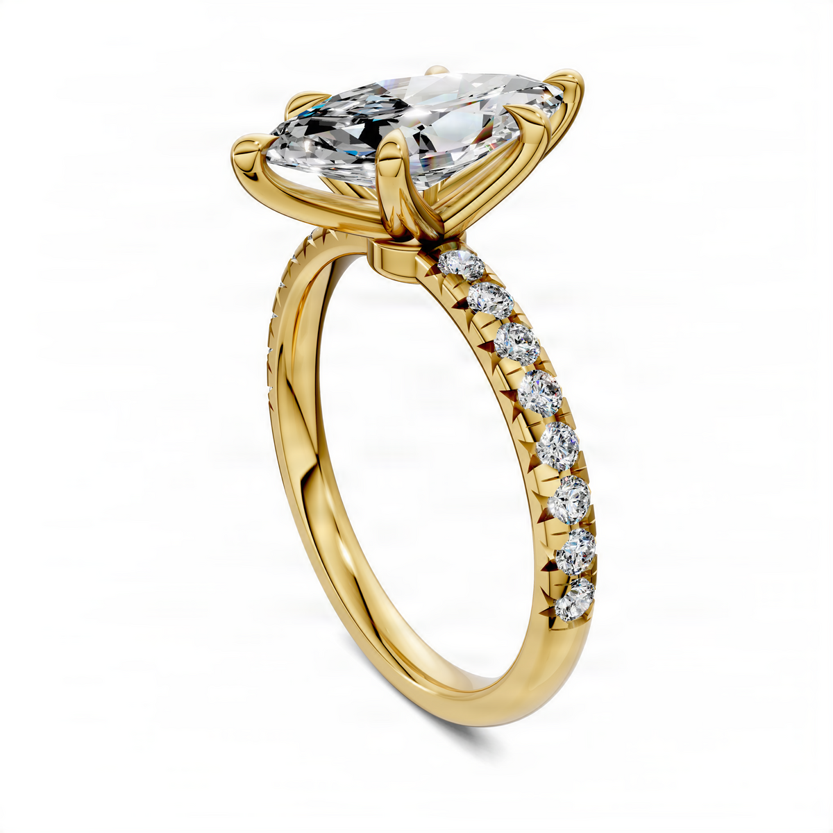Marquise-cut pavé ring in yellow gold with scalloped band and side stones