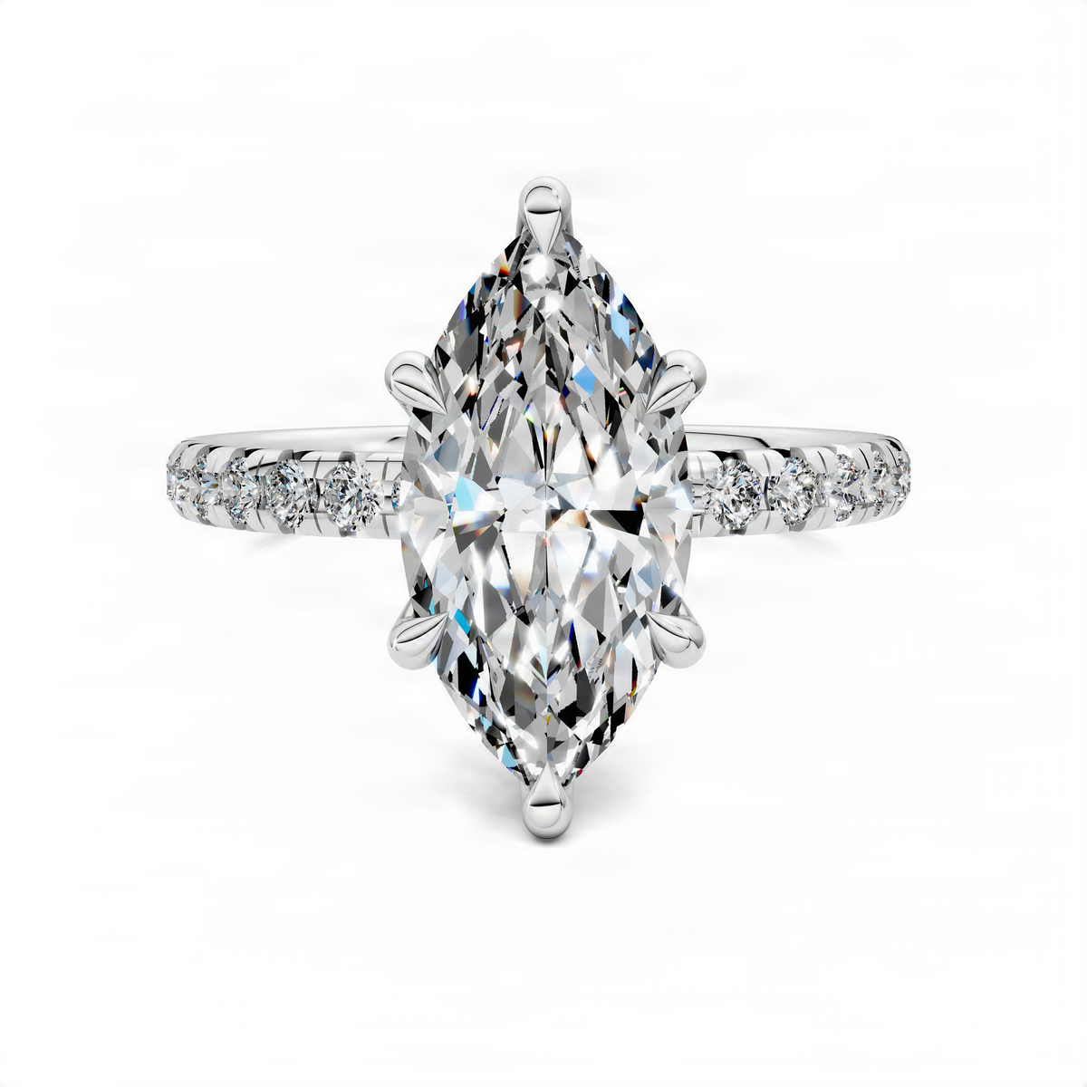 Marquise pavé ring with scalloped band and large marquise center stone