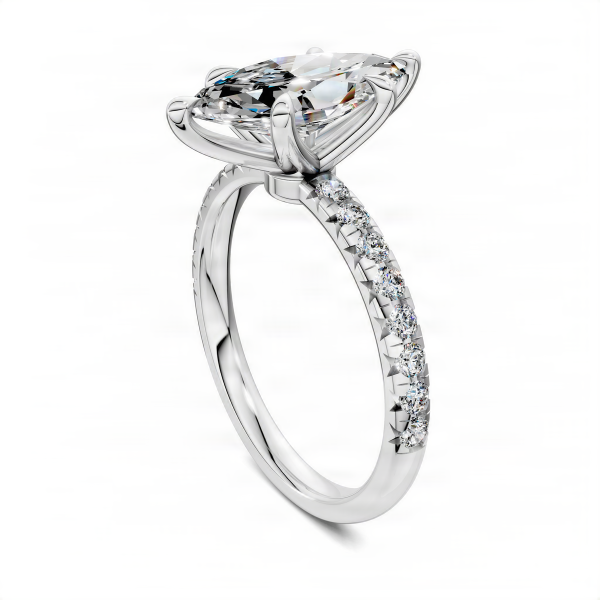 Marquise pavé ring with scalloped band and large clear center stone
