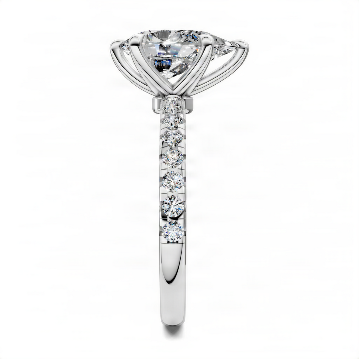 Pear-cut pavé ring with split shank and round accent stones