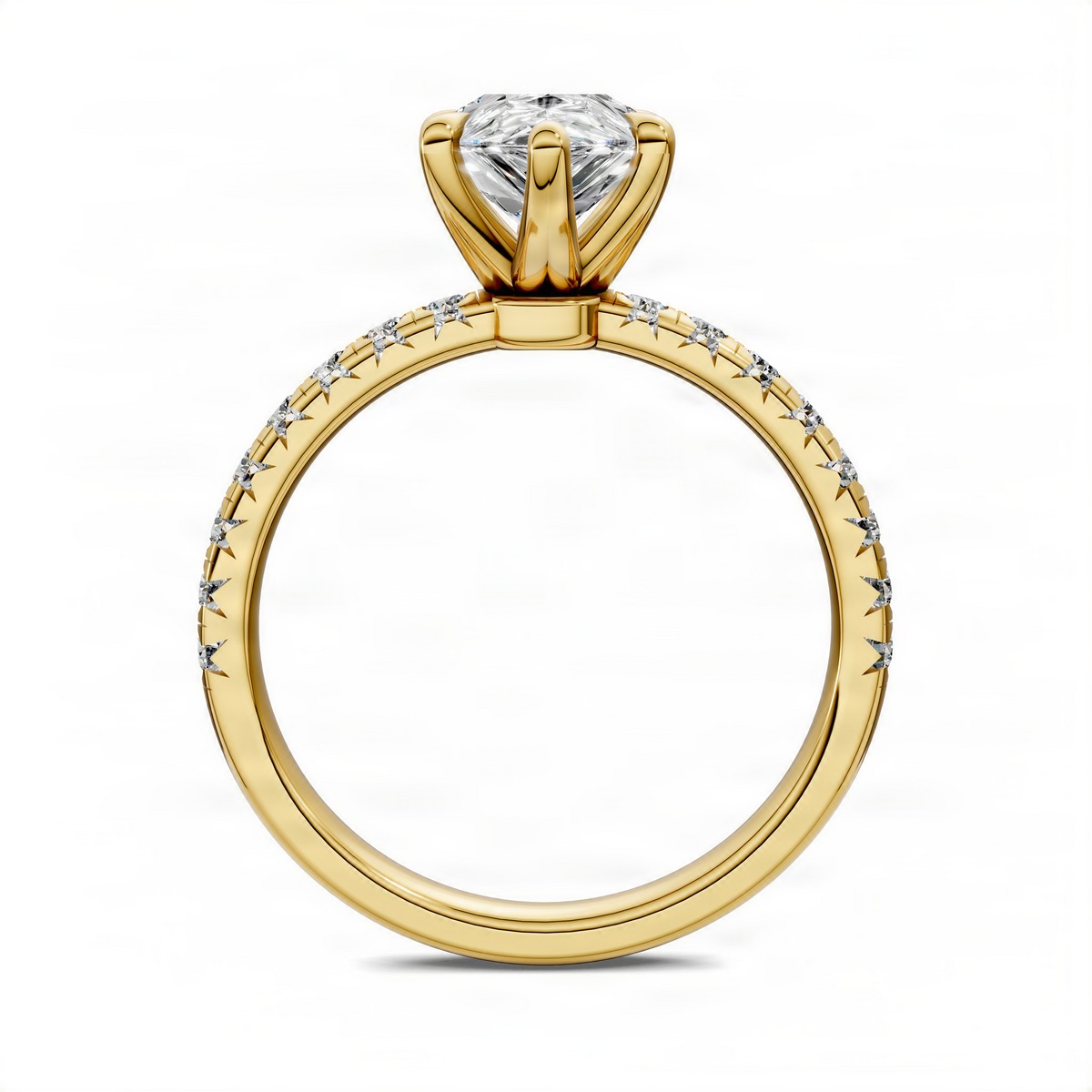 Pear scalloped pavé ring in yellow gold with pear-cut center stone